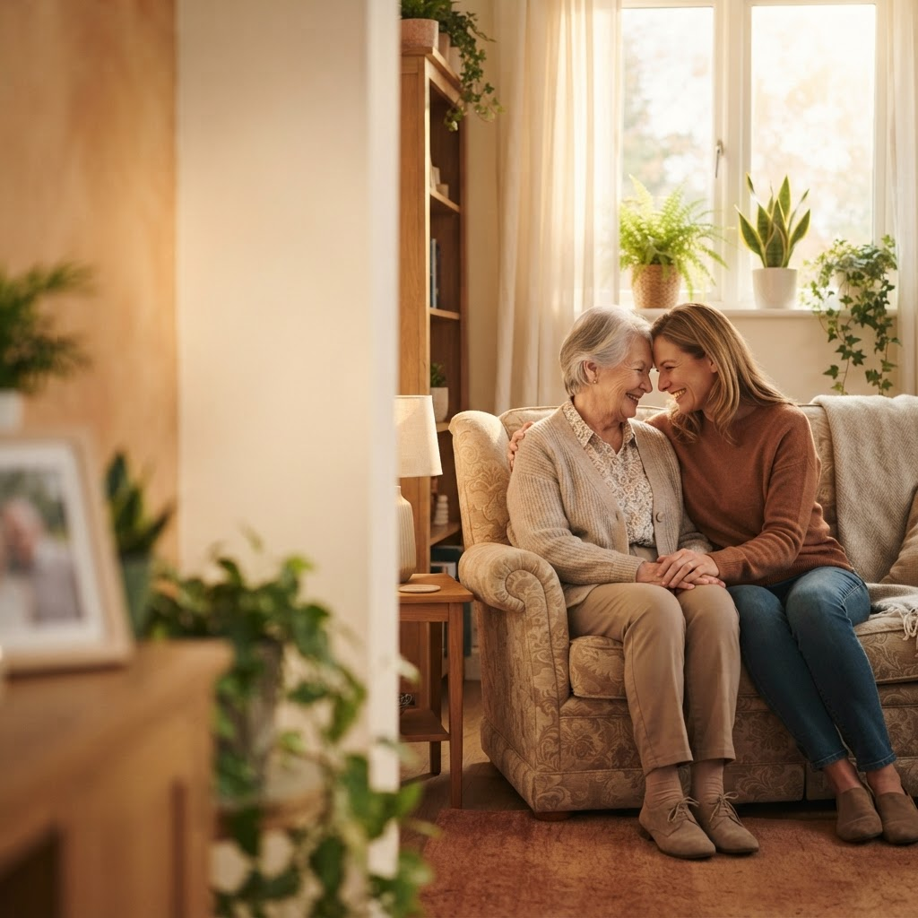 A content elderly woman embraced by her adult daughter in a warm, sunlit assisted living room that feels like home